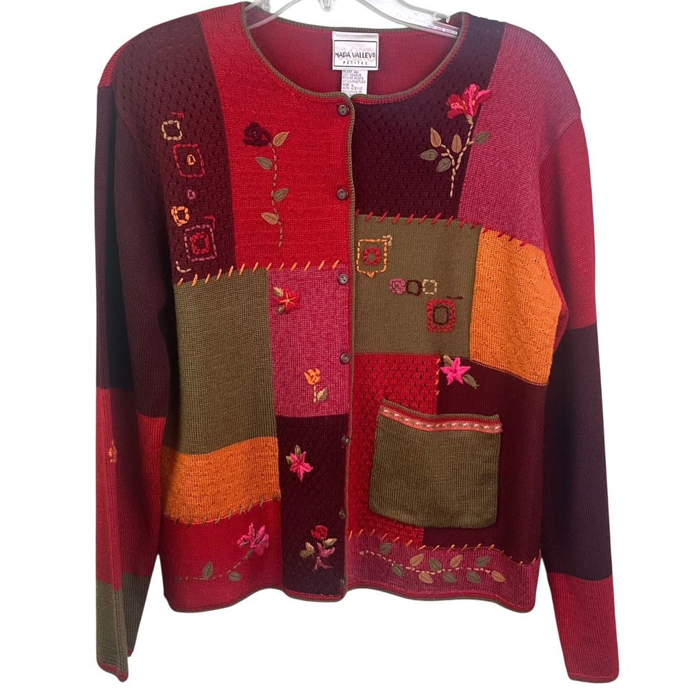 VTG Napa Valley‎ Petites Button Down Winter Christmas Floral Patchwork Sweater L